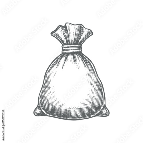 Hand drawn vector illustration of a full fabric money bag with tie isolated on white background