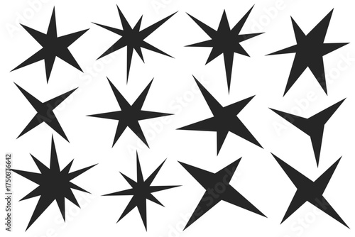 Irregular stars shapes. Abstract vector random spiky sparks. Geometric funky flashes with rays. Black retro sparkles on white background