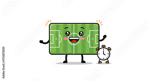 Cheerful soccer field with clock mascot