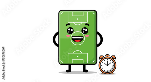 Happy football field mascot with alarm clock