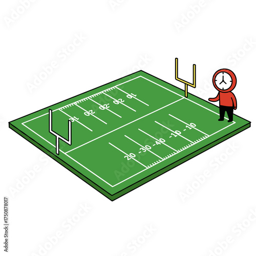 Funny clock mascot standing on rugby field