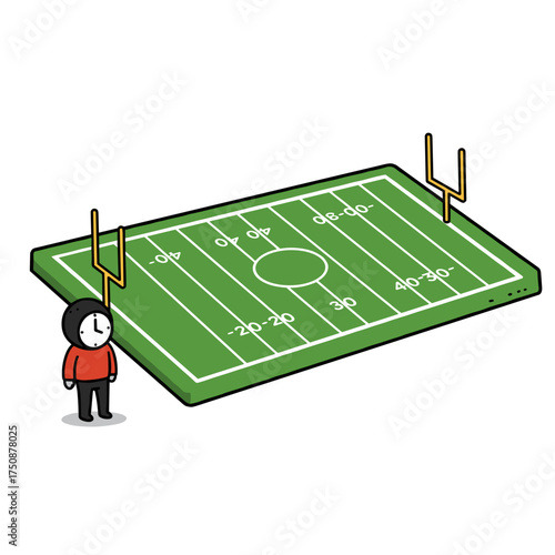 Cartoon clock character on rugby field