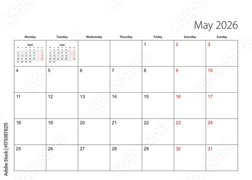 May 2026 simple calendar planner, week starts from Monday.