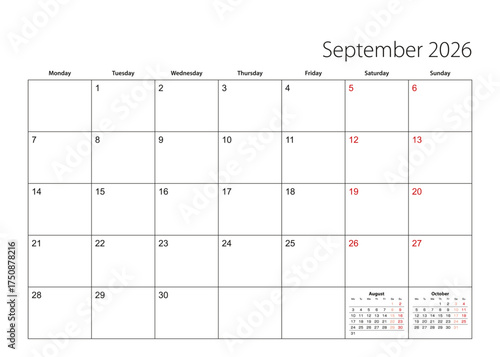 September 2026 simple calendar planner, week starts from Monday.