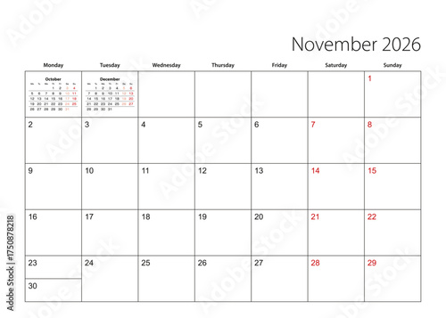 November 2026 simple calendar planner, week starts from Monday.