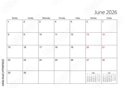 June 2026 simple calendar planner, week starts from Monday.