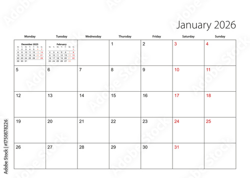 January 2026 simple calendar planner, week starts from Monday.
