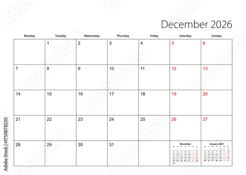 December 2026 simple calendar planner, week starts from Monday.