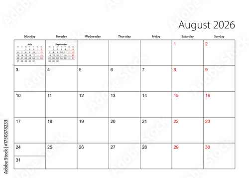 August 2026 simple calendar planner, week starts from Monday.