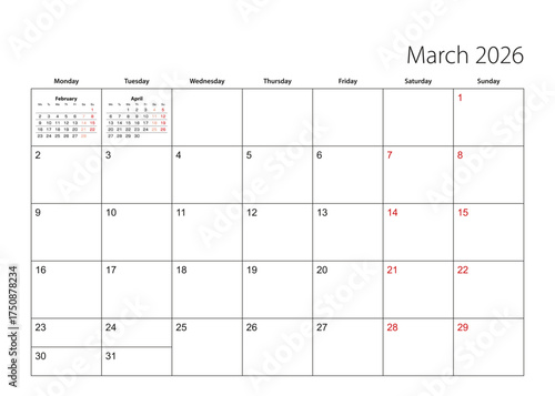 March 2026 simple calendar planner, week starts from Monday.