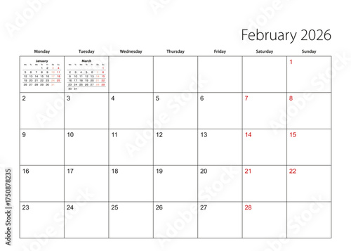 February 2026 simple calendar planner, week starts from Monday.