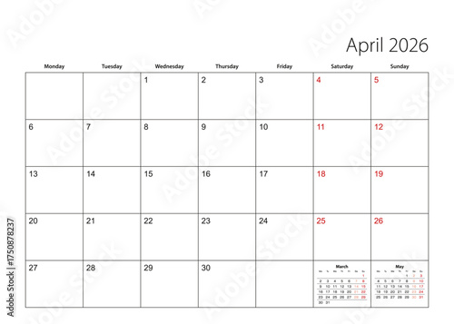 April 2026 simple calendar planner, week starts from Monday.