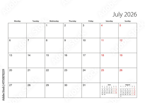 July 2026 simple calendar planner, week starts from Monday.
