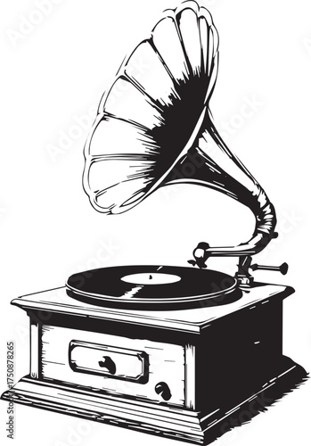 Black and white vector illustration of vintage gramophone with flared horn, turntable, and ornate wooden base