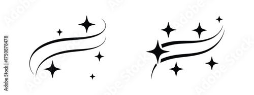 Abstract black starbursts and swirls on white background minimalist decorative elements