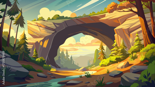 
Very beautiful low-angle view of Natural Bridge in Virginia showing massive stone arch, sunlight over forest edges, and peaceful natural formation.