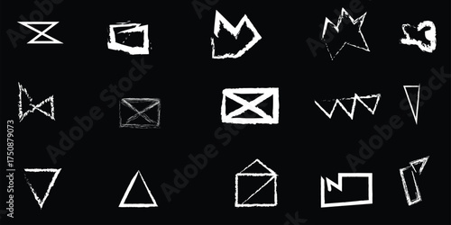Set of White Grunge Sketchy Abstract Geometrical Shapes and Hand-Drawn Symbol Icons on Black