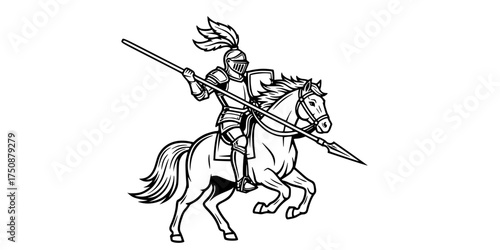 Knight Riding Horse with Spear Logo. Vintage Black & White Outline Line Art Drawing. Medieval, Heraldry, & Fantasy Emblem Vector.

