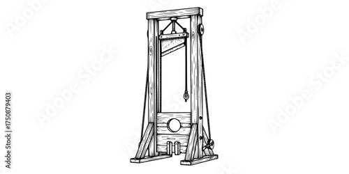 Vintage Guillotine Execution Device Hand Drawn Etching. French Revolution, Black & White Outline Line Art, History, & Justice Graphic.

