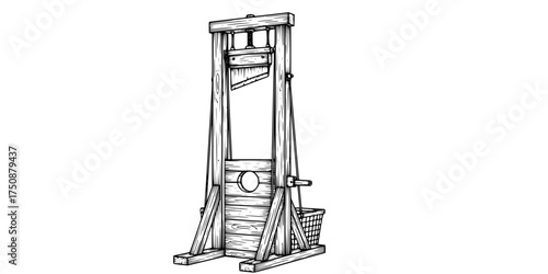 Vintage Guillotine Execution Device Hand Drawn Etching. French Revolution, Black & White Outline Line Art, History, & Justice Graphic.

