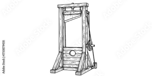 Vintage Guillotine Execution Device Hand Drawn Etching. French Revolution, Black & White Outline Line Art, History, & Justice Graphic.

