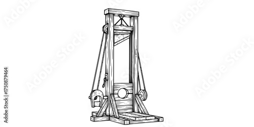 Vintage Guillotine Execution Device Hand Drawn Etching. French Revolution, Black & White Outline Line Art, History, & Justice Graphic.

