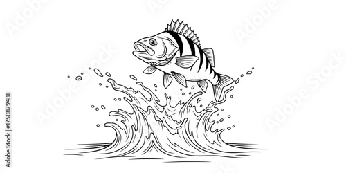 Perch Fish Jumping from Water with Dramatic Splash. Black & White Outline Line Art Drawing. Fishing, Wildlife, & Aquatic Nature Graphic.

