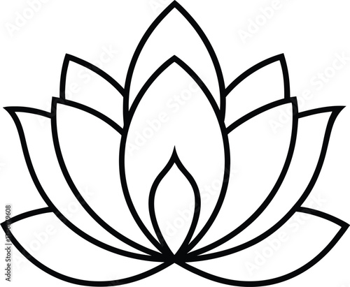 A simple black and white line drawing of a lotus flower, a symbol of purity and enlightenment, isolated on a, perfect for spiritual or wellness themes