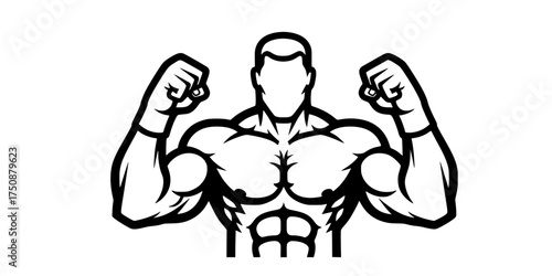 Muscular Fighter with Fists Up. Front View Black & White Outline Line Art Drawing. Boxing, MMA, Warrior, Sport, & Fighting Graphic.

