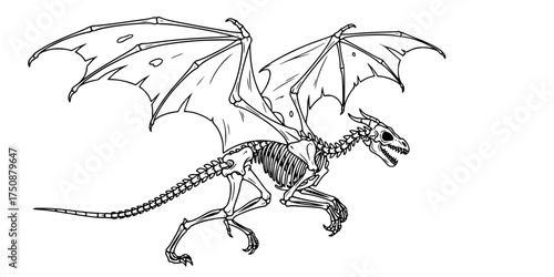Spooky Skeleton Dragon Running with Wings. Black & White Outline Line Art Drawing. Fantasy, Gothic, Mythical Creature, & Vector Illustration.

