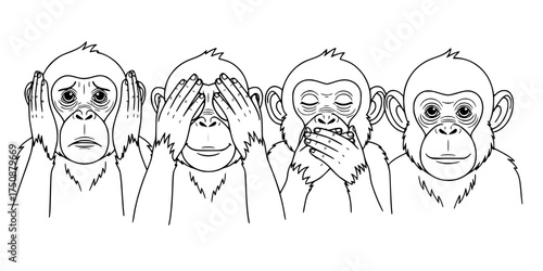 Four Monkeys Hear See Speak No Evil. Black & White Outline Line Art Drawing. Proverb, Wisdom, Japanese Culture, & Moral Lesson.

