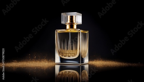 elegant luxury perfume mockup with transparent glass bottle and golden cap on black background