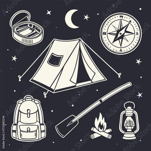 Camping gear and night sky illustration tent backpack