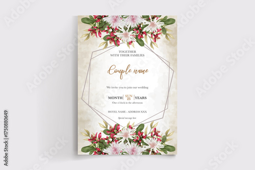 WEDDING INVITATION FRAME WITH FLOWER DECORATIONS AND FRESH LEAVES
