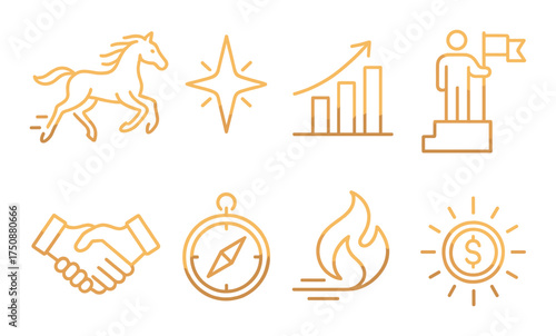 Medieval icons set: armor, spear, castle, globe, hourglass, book, cross, map.