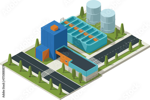 Modern industrial power plant with storage tanks and chimneys, 3D isometric illustration, energy production infrastructure, clean technology, industry landscape