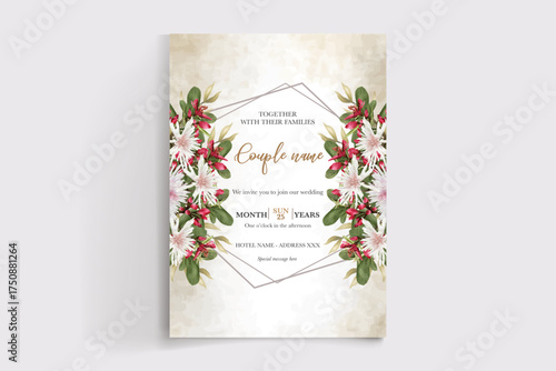 WEDDING INVITATION FRAME WITH FLOWER DECORATIONS AND FRESH LEAVES