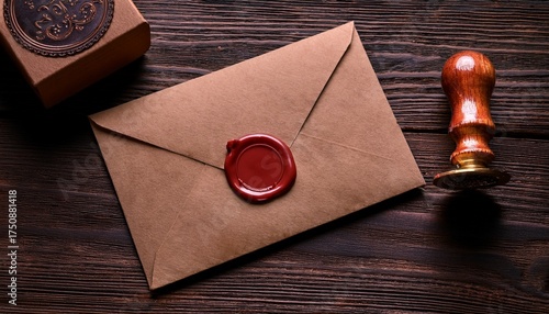 close up brown vintage envelope with rose wax seal and stamp on dark wooden background