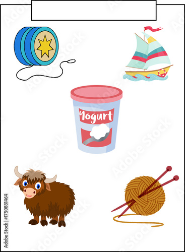 Cartoon illustrations of yak, yogurt, yarn, yo-yo, and yacht on white background. 