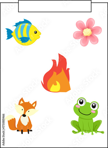 Cute cartoon fish, flower, fire, fox, and frog on white background. 