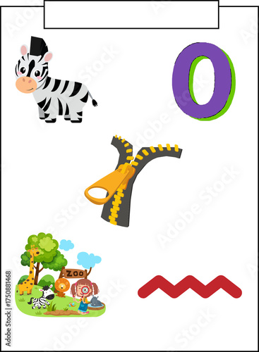 Cartoon zebra, zipper and zoo scene with letter Z on white background. 