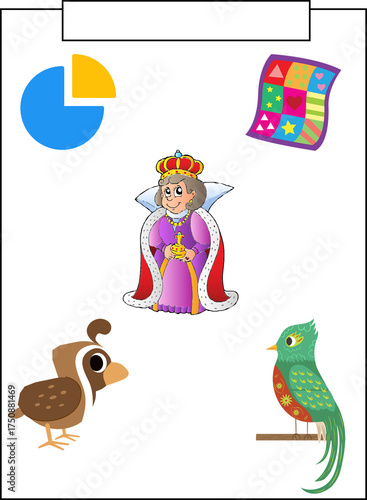 Cartoon queen, birds, quilt, and pie chart on white background with blank label. 