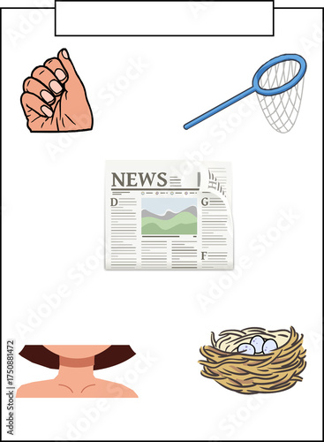 Hand, net, newspaper, woman, and bird nest icons on white background. 