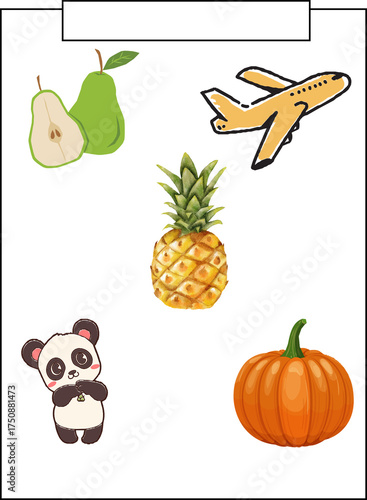 Cute panda, fruits, airplane and pumpkin illustrations on white background. 