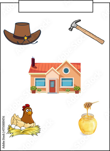 Farmhouse with cowboy hat, hammer, chicken, and honey jar on white background. 