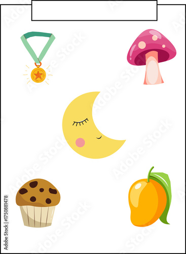 Cute cartoon icons of moon, fruit, mushroom, muffin, and medal on white background. 