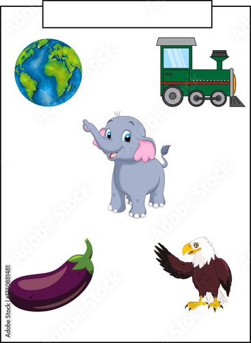 Cartoon elephant, eagle, eggplant, globe and train on white background. 