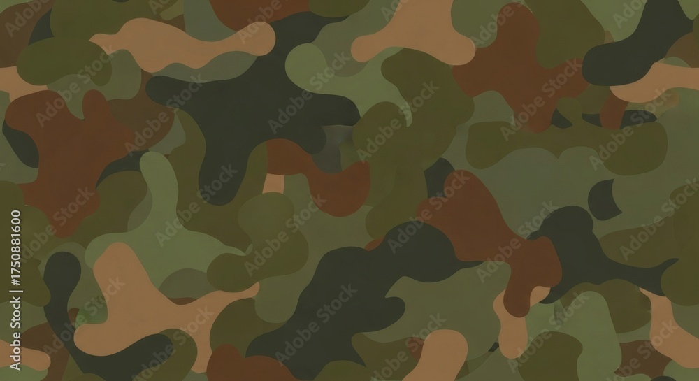 Fototapeta premium Abstract camouflage pattern featuring green, brown, and black shapes blending seamlessly together