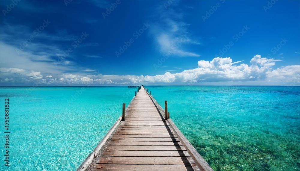 Obraz premium beautiful tropical seascape with wooden pier leading to turquoise ocean horizon under blue summer sky
