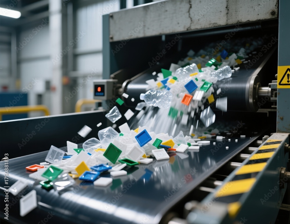 Obraz premium Plastic waste on conveyor belt in recycling facility.